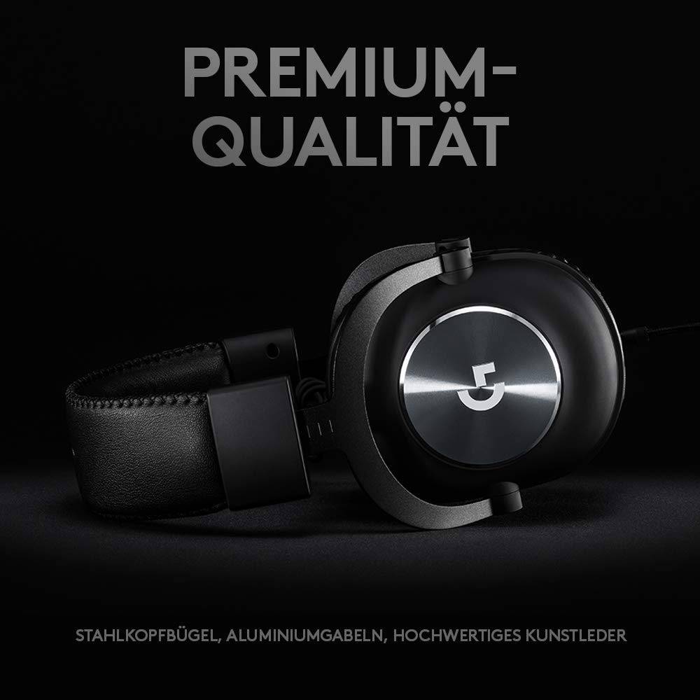 Schwarzer Over-Ear-Kopfhörer mit silbernem Logo auf der Ohrmuschel. Text 'PREMIUM-QUALITÄT'. Materialien: Stahl, Aluminium, Kunstleder.