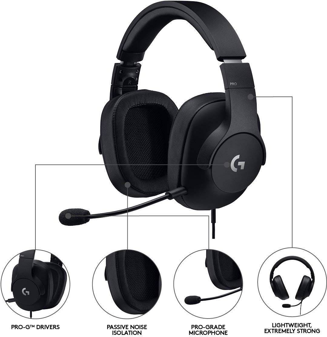 Schwarzes Gaming-Headset mit Mikrofon, Pro-G-Treiber, passive Geräuschisolierung und leichter, stabiler Bauweise.