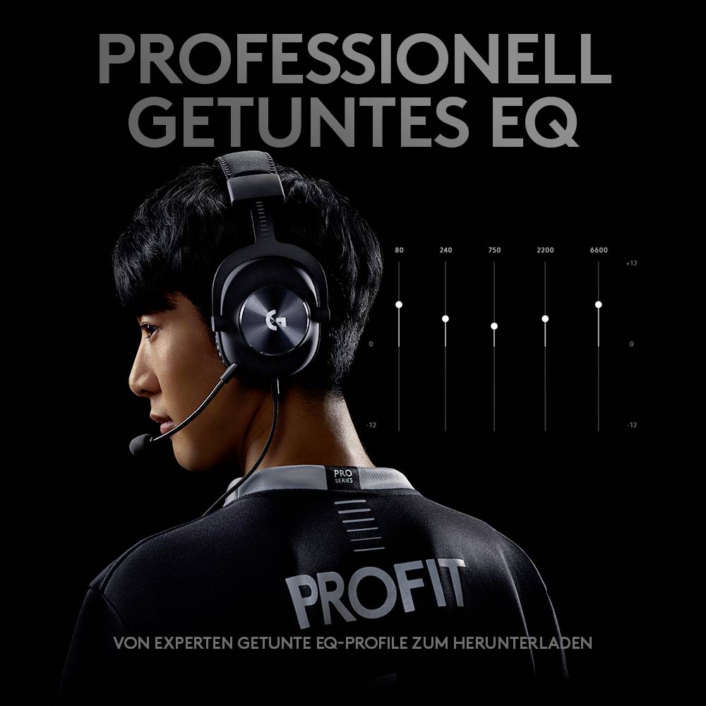Ein Mann trägt ein Headset. Text oben: 'Professionell getuntes EQ'. Unten: 'Von Experten getunte EQ-Profile zum Herunterladen'.