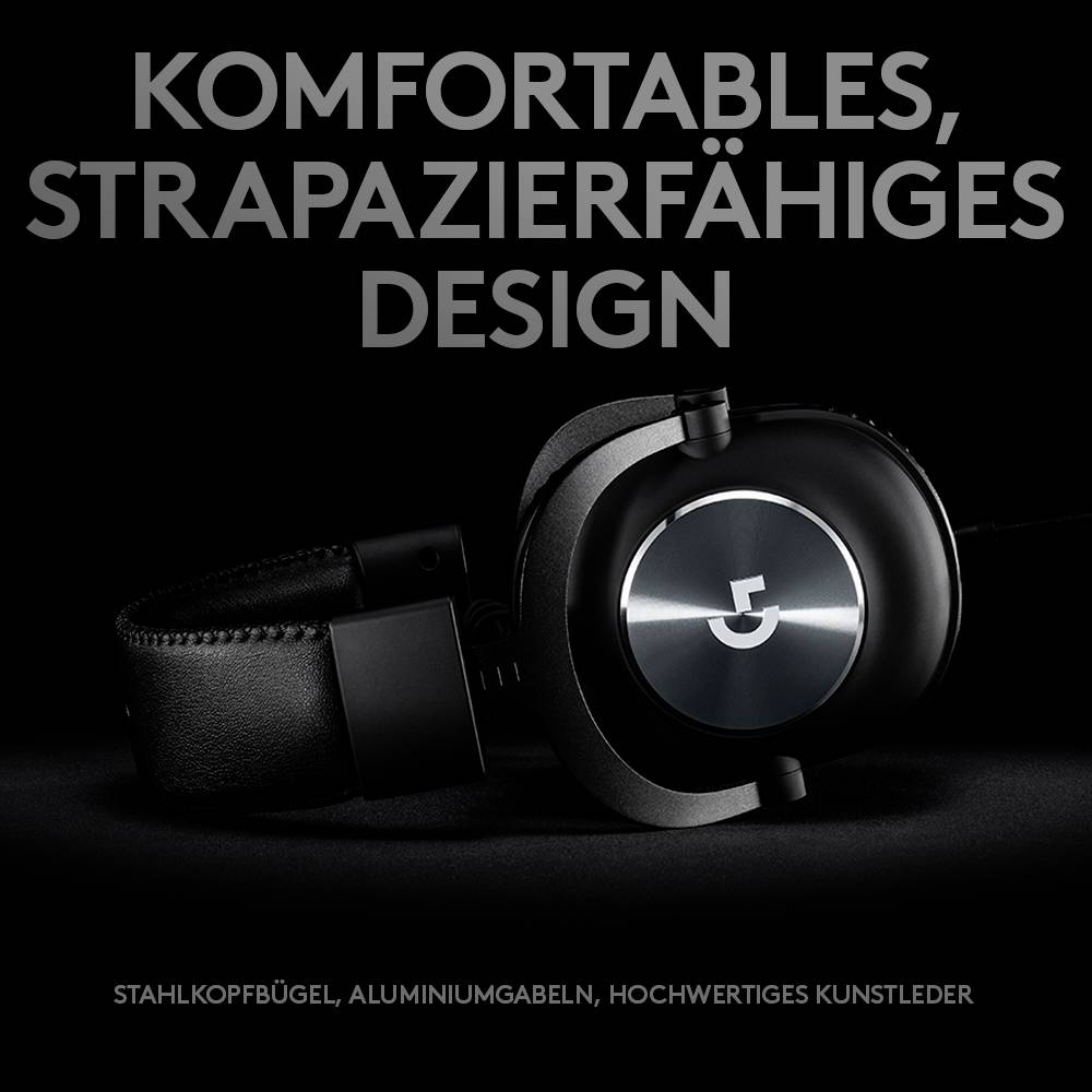 Kopfhörer mit robustem Design und Stahlkopfbügel, Aluminiumgabeln und hochwertigem Kunstleder. Text: 'KOMFORTABLES, STRAPAZIERFÄHIGES DESIGN'.