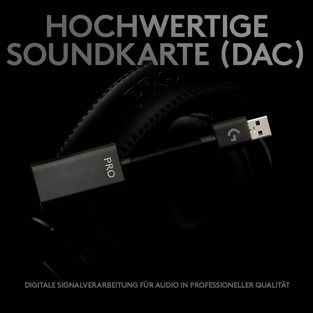 Ein schwarzes USB-DAC mit der Aufschrift 'Pro' ist an ein schwarzes Headset angeschlossen. Text: 'Hochwertige Soundkarte (DAC)'.