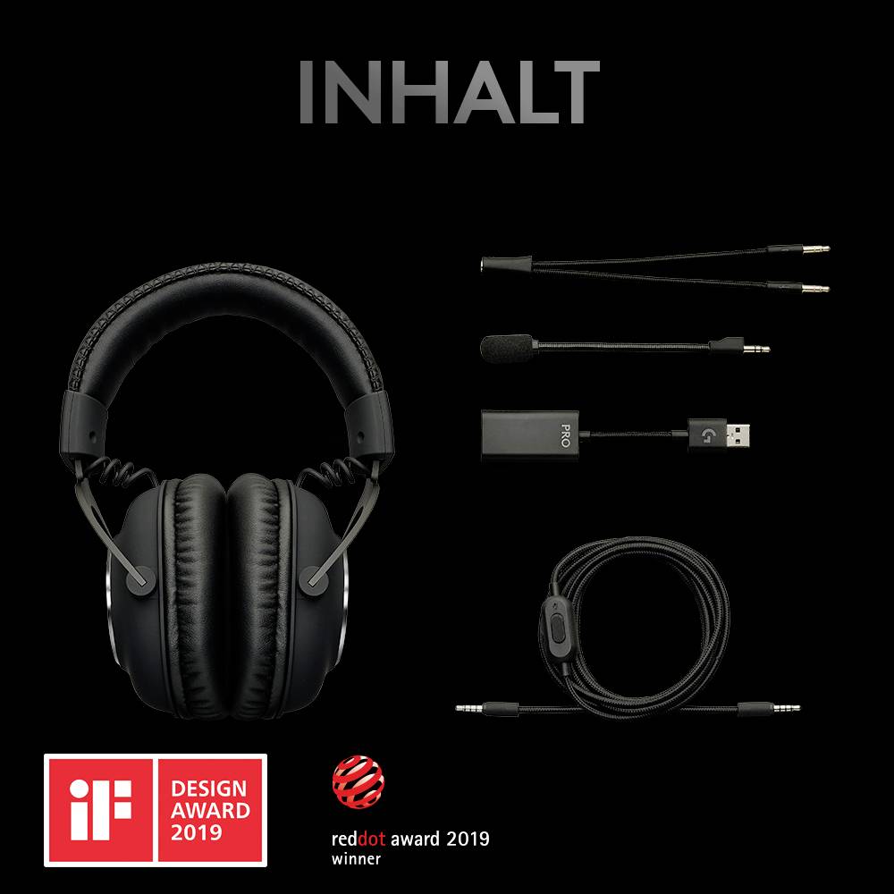 Kopfhörer mit Zubehör auf schwarzem Hintergrund; Kabel, Adapter und Verlängerung abgebildet. Mit iF Design Award 2019 und reddot award 2019 Logos.