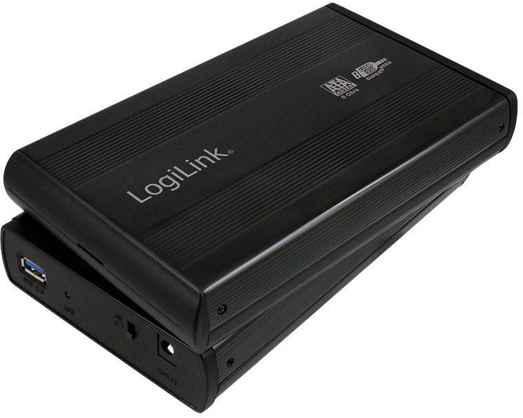 Externes Festplattengehäuse von LogiLink aus schwarzem Kunststoff, mit USB 3.0-Anschluss und Lüftungsschlitzen.