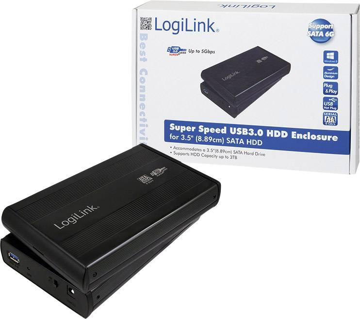 Externe Festplatten-Gehäuse von LogiLink mit USB 3.0 für 3,5 Zoll SATA-Festplatten. Verpackung zeigt Produkt und Spezifikationen.