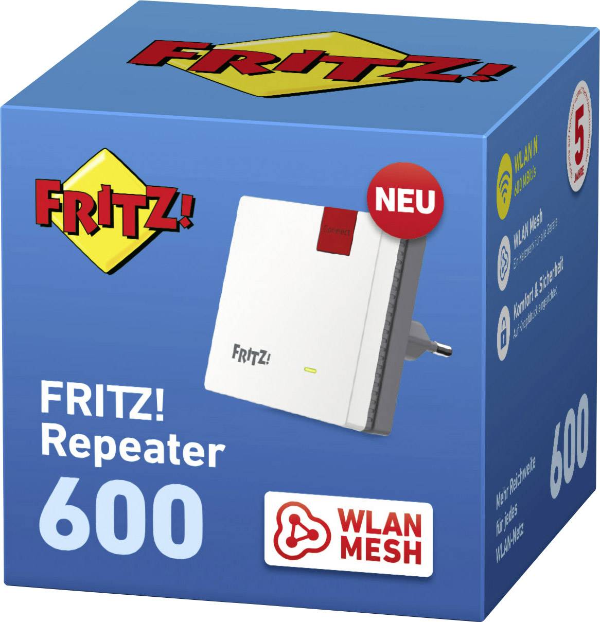 Eine blaue Verpackung des FRITZ! Repeaters 600. Sie zeigt den Repeater mit W-LAN Mesh-Funktionen und einer fünfjährigen Garantie.