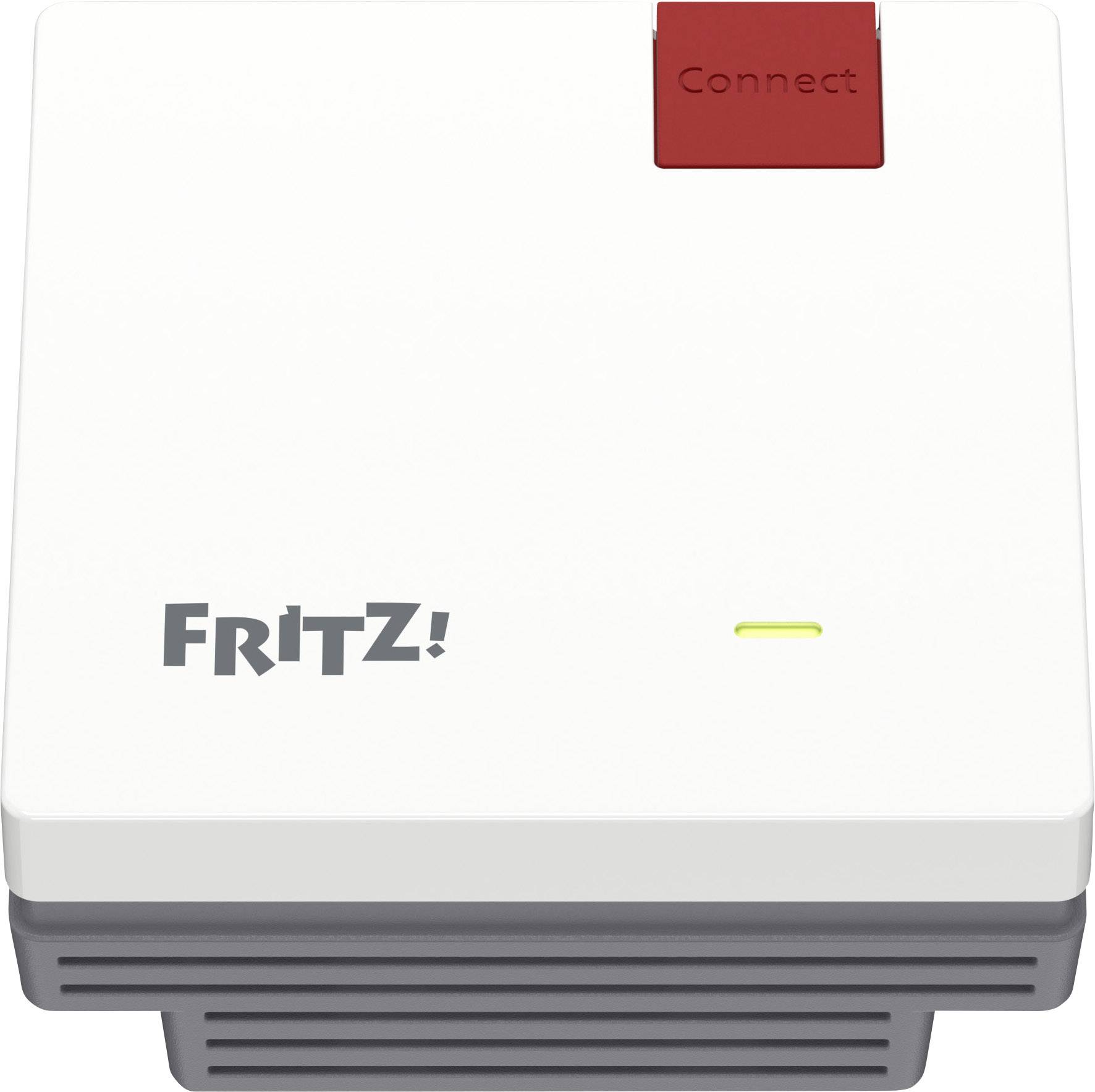 FRITZ! WLAN-Repeater mit roter 'Connect'-Taste oben, LED-Anzeige leuchtet. Wird zur Erweiterung des WLAN-Signals verwendet.