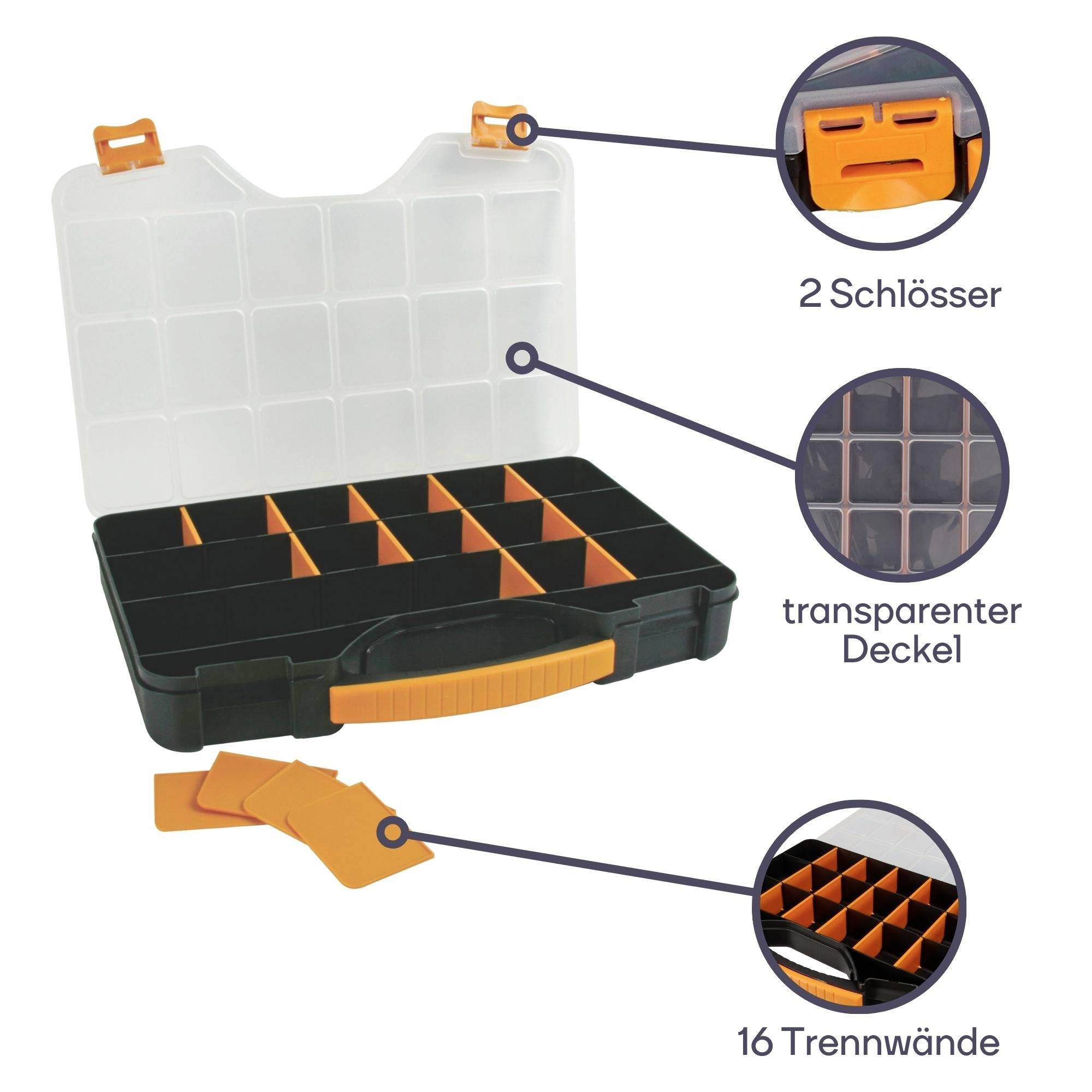 Kleinteilekoffer mit transparentem Deckel, 16 Trennwänden und 2 Schlössern. Ideal zur übersichtlichen Aufbewahrung von Kleinteilen.