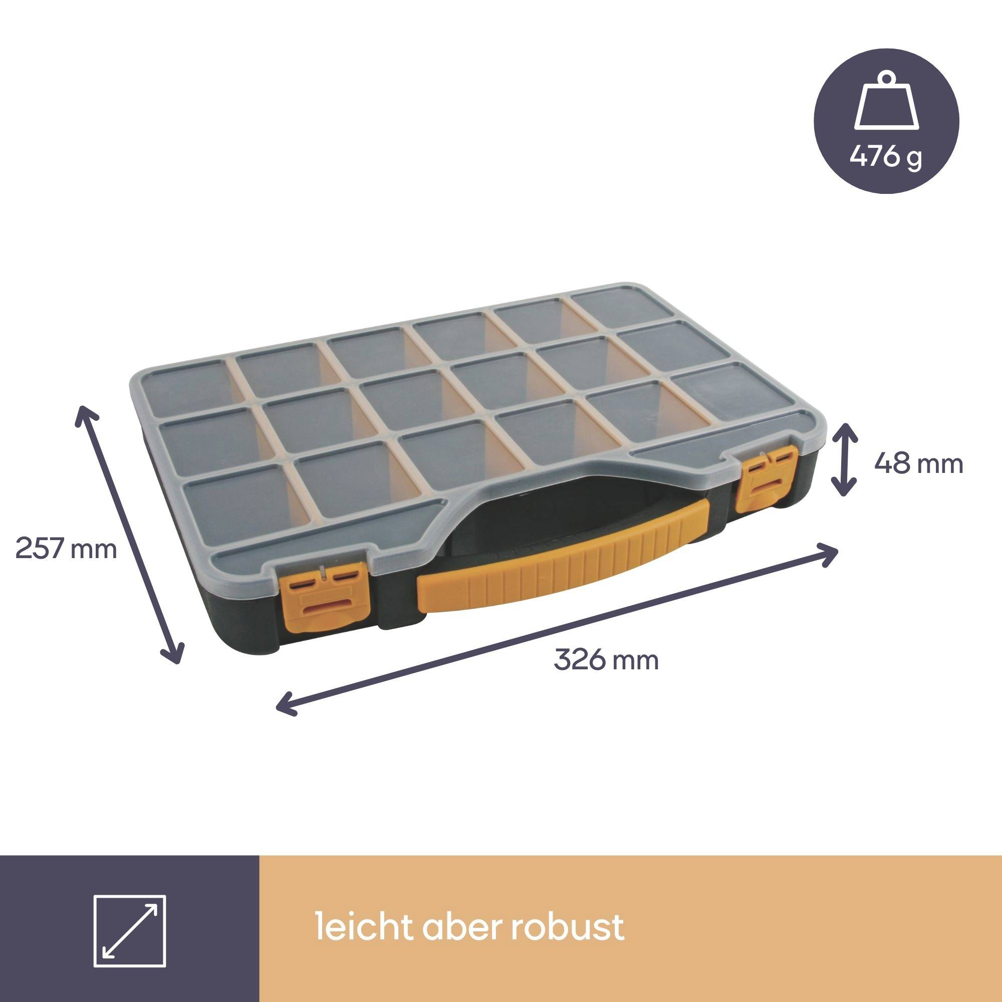 Organizer-Box mit 18 Fächern, Abmessungen: 257 mm x 326 mm x 48 mm, Gewicht: 476 g. Das Design ist leicht, aber robust.