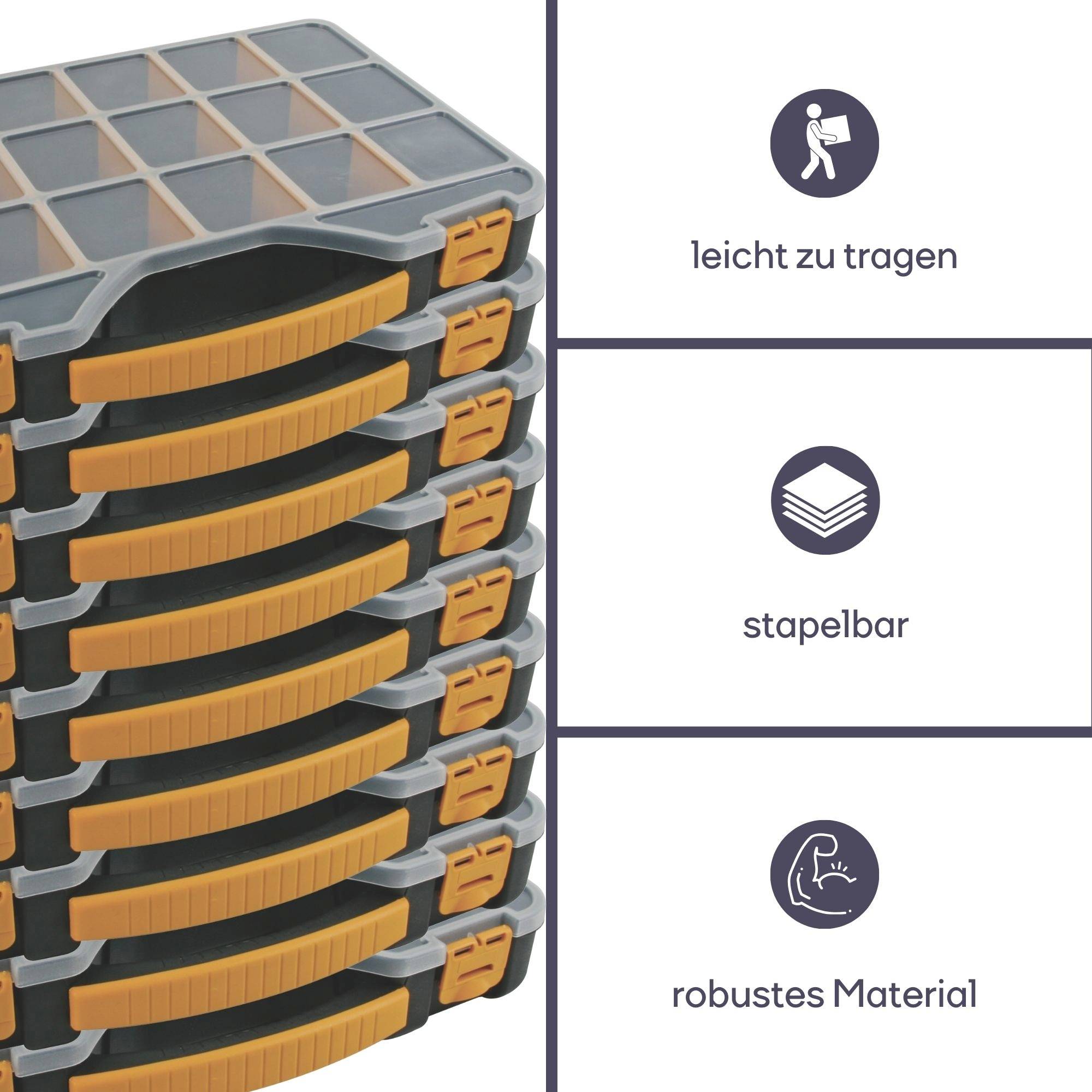 Ein Stapel von sechs stapelbaren Aufbewahrungsboxen mit grauen und orangenen Details. Rechts Symbole mit den Texten: 'leicht zu tragen', 'stapelbar', 'robustes Material'.