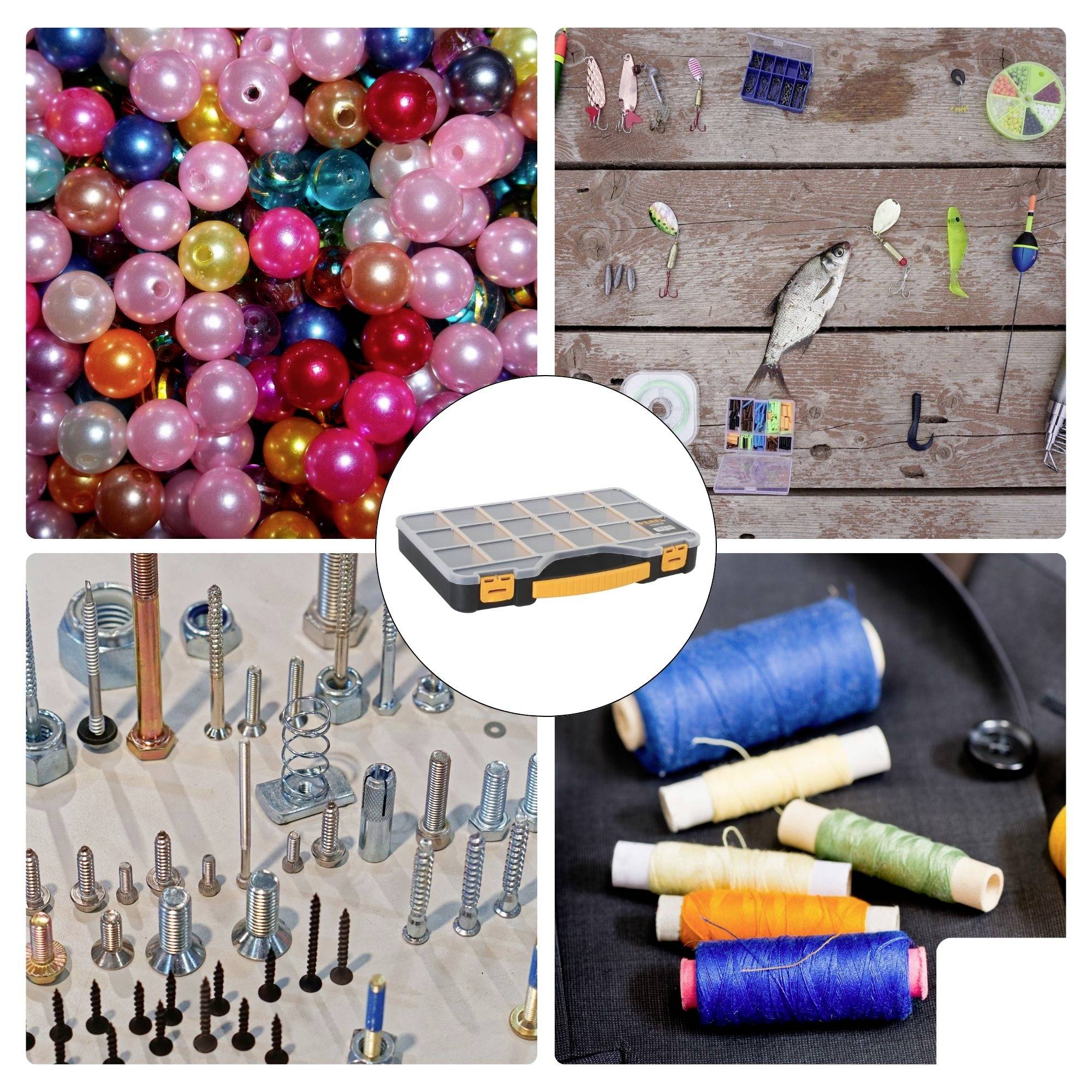 Collage aus bunten Perlen, Angelzubehör, Schrauben, Federn und Garnrollen, um handwerkliche und handwerkzeugbezogene Themen darzustellen.