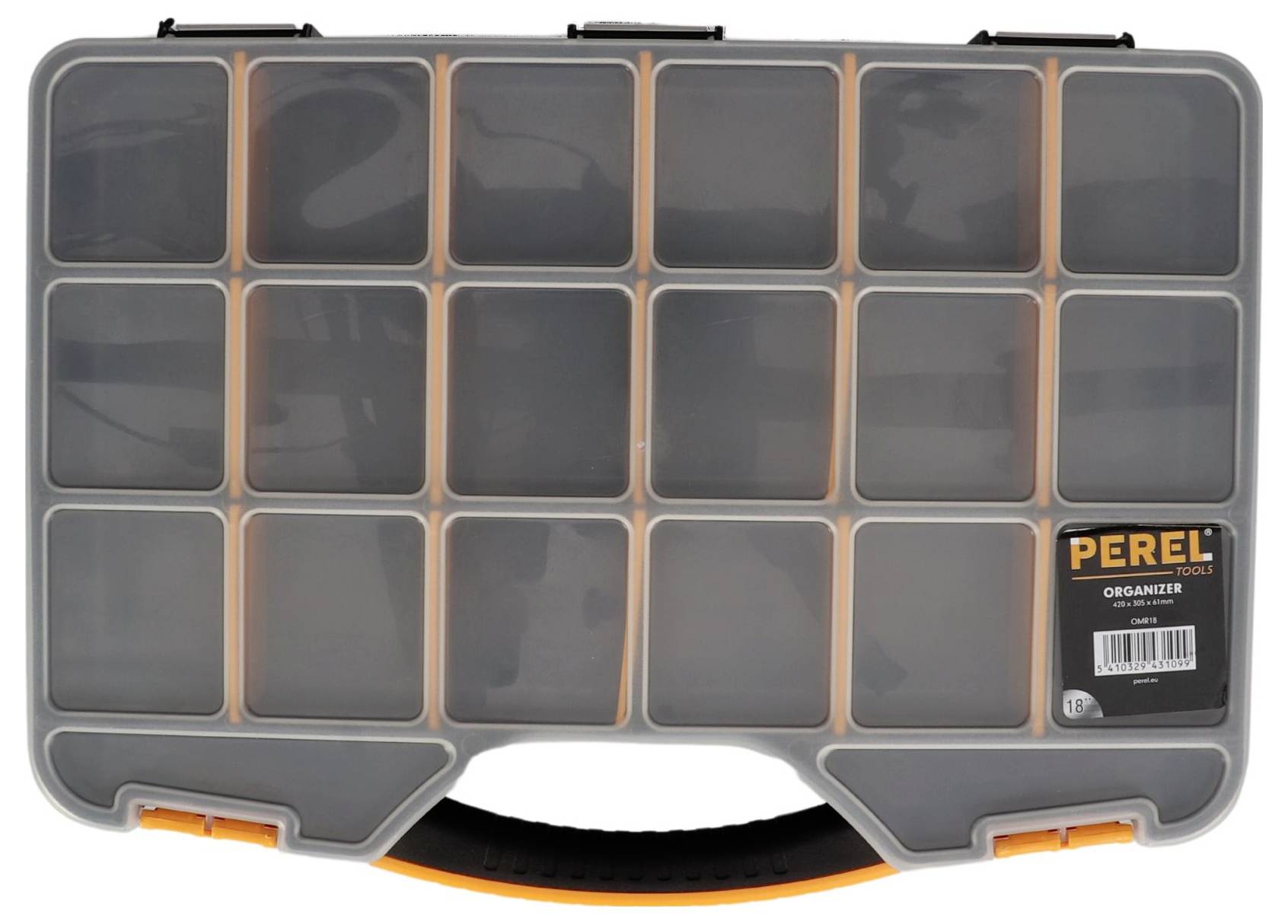 Transparente Aufbewahrungsbox mit 18 Fächern, grauer Rahmen, orangefarbener Griff. Marke 'Perel'. Perfekt für Kleinteile.