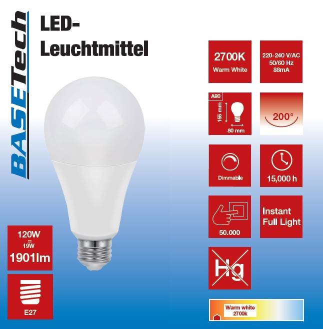 Basetech BT-2159323 LED E27 Glühlampenform 19W = 120W Warmweiß (Ø x L) 80mm x 155mm dimmbar 2St.