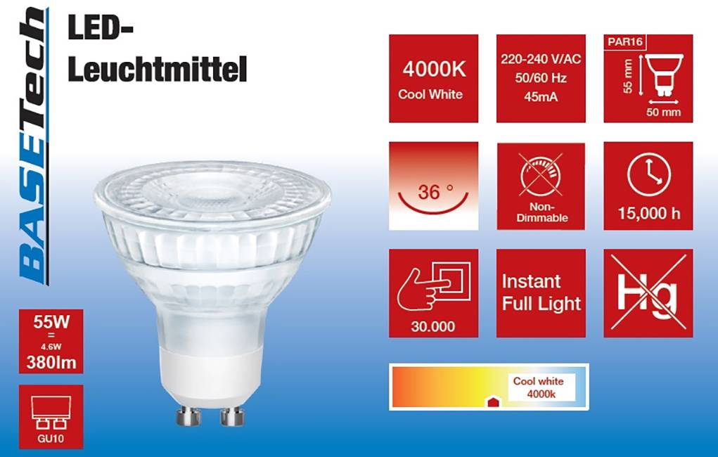 Basetech BT-2159328 LED GU10 Reflektor 4.6W = 55W Naturweiß (Ø x L) 50mm x 55mm 6St.