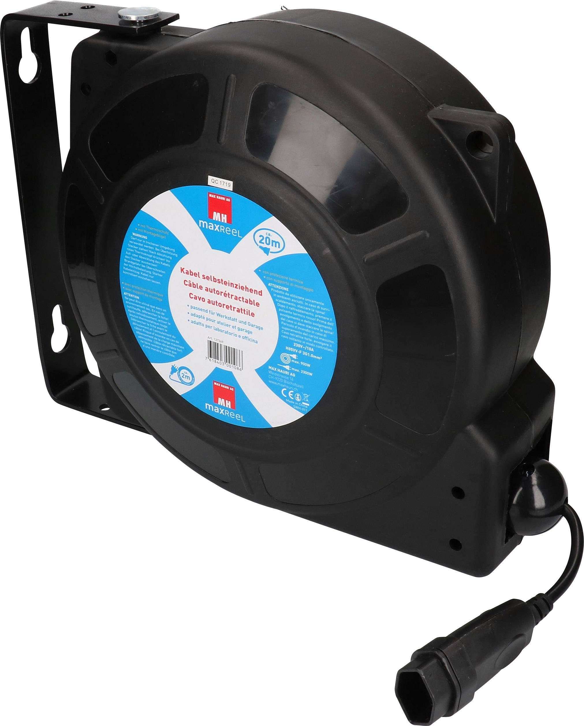 Max Hauri AG 137369 Wandkabeltrommel 20.00 m Schwarz Schweiz-Stecker