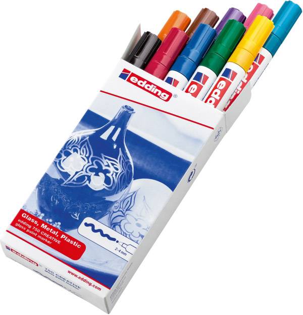 Ein Set farbiger Filzstifte in einer offenen Verpackung, geeignet für Glas, Metall und Plastik. Vorderseite zeigt dekorierte Flaschen.