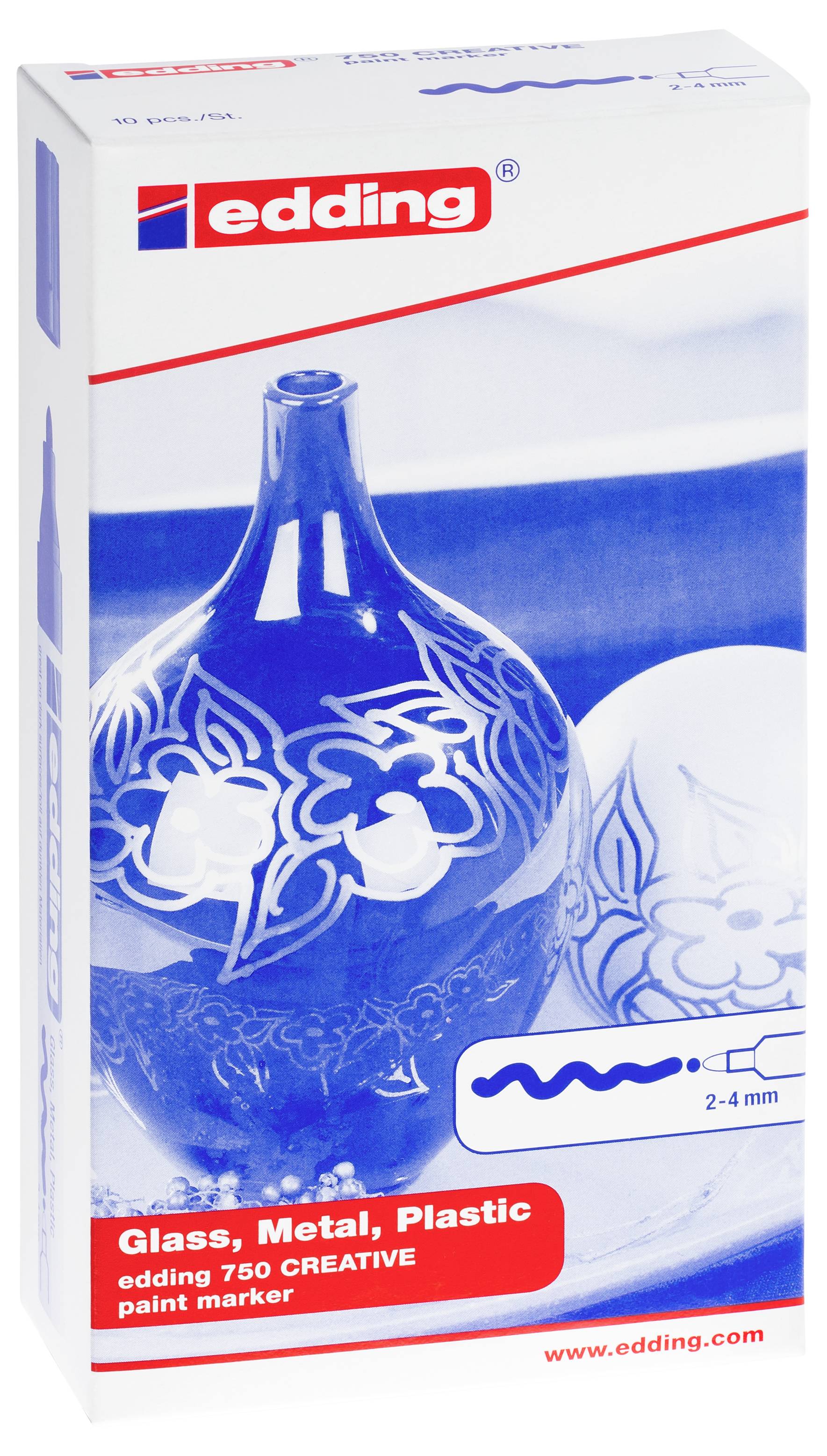 Edding 750 Kreativ-Lackmarker-Box für Glas, Metall und Kunststoff, 2-4 mm Spitze, gezeigt mit einem blau dekorierten Flaschenbeispiel.