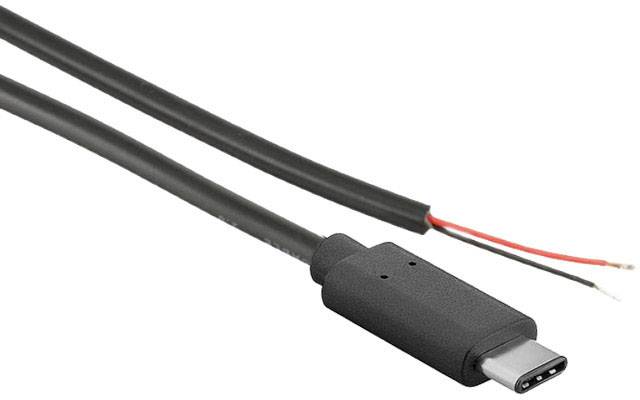 USB-C-Kabel mit offenliegenden Enden. Eines ist USB-C-Stecker, das andere sind zwei freiliegende Drähte, rot und schwarz.