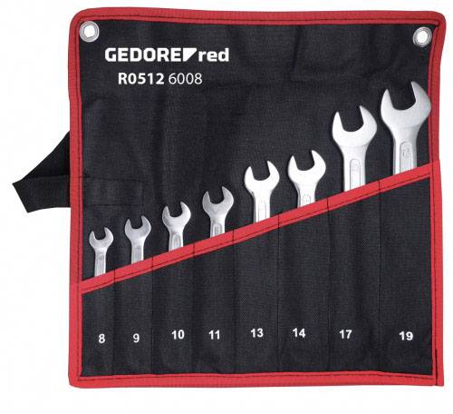 Ein Set von acht offenen Maulschlüsseln in einer Stofftasche, gekennzeichnet von Größe 8 bis 19, mit dem Aufdruck 'GEDORE red R0512 6008'.