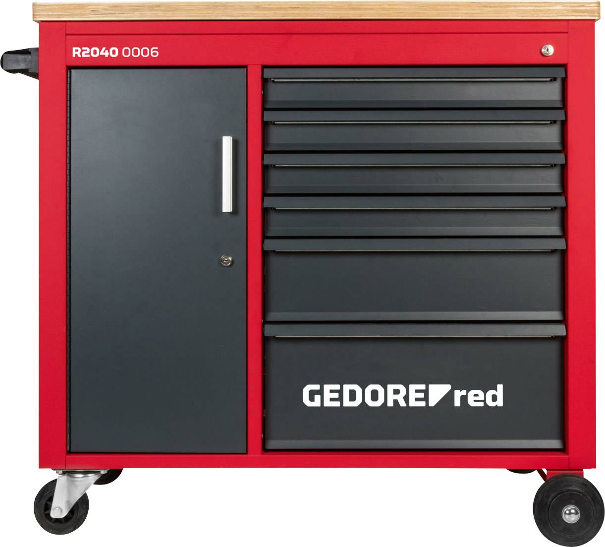 Roter Werkstattwagen mit Holzplatte, links mit Tür, rechts fünf Schubladen. Aufschrift 'GEDORE red'. Steht auf Rollen.