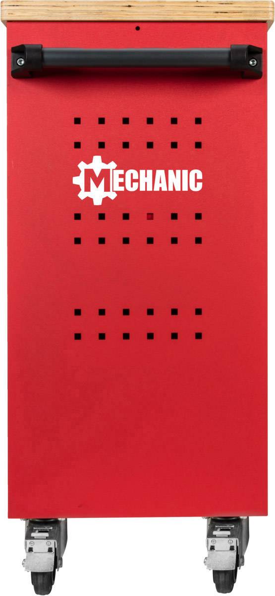 Roter Werkstattwagen mit schwarzem Handgriff und sichtbaren Rädern, markiert mit dem Wort 'Mechanic'.