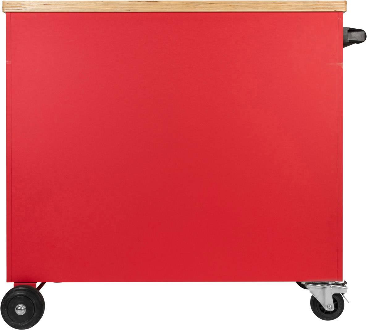 Ein roter Rollcontainer mit schwarzem Rad links und grauem Rad rechts, oben eine Holzplatte.