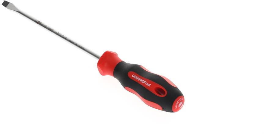 Flacher Schraubendreher mit rotem und schwarzem Griff, der ergonomisch für besseren Halt geformt ist.