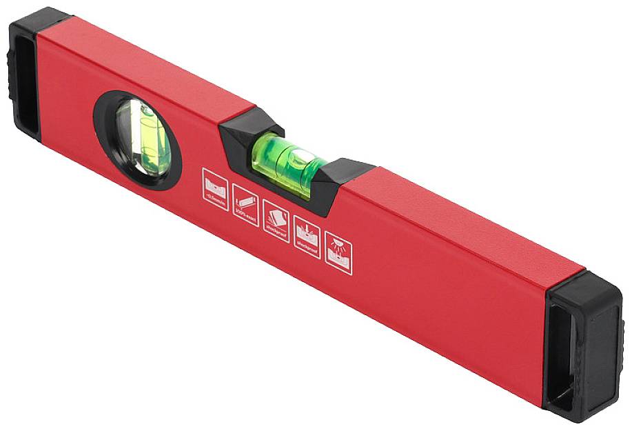 Rote Wasserwaage mit zwei Libellen zur Messung der Horizontal- und Vertikallage, liegt auf einer glatten Oberfläche.