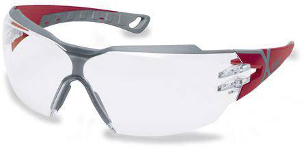 Schutzbrille mit transparenten Gläsern und roten Akzenten an den Bügeln, geeignet für den Einsatz in der Werkstatt oder beim Sport.