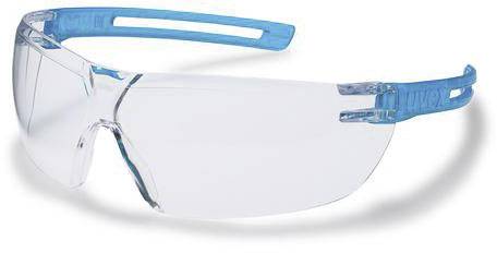 Schutzbrille mit transparenten Gläsern und blauen Bügeln, geeignet für den Arbeitsschutz oder Laborgebrauch.