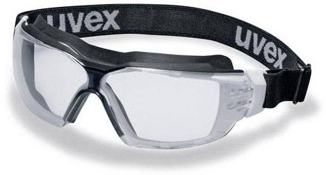 Schutzbrille mit transparenten Gläsern und verstellbarem schwarzem Gummiband, geeignet für Arbeitsschutz und sportliche Aktivitäten.