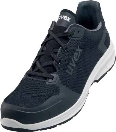 Schwarzer Sportschuh mit weißer Sohle, markiert mit 'uvex' an der Seite. Der Schuh hat schwarze Schnürsenkel und einen modernen, sportlichen Look.
