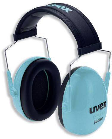 Geräuschdämpfende blaue Ohrenschützer mit schwarzem Kopfband. Markenname 'uvex' auf den Ohrmuscheln.