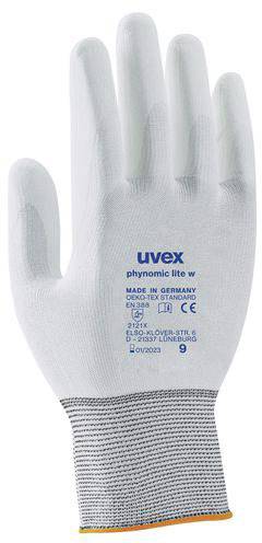 Eine weiße Handschuh mit grauem Bündchen, auf dem 'uvex phynomic lite w' und Details wie Größe und Produktionsort aufgedruckt sind.