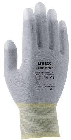 Eine graue Arbeitshandschuh 'uvex unipur carbon', hergestellt in Deutschland, mit Schnittschutzeigenschaften.