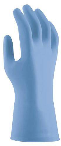 Blaue, gummierte Einweghandschuhe, aufrecht gehalten; symbolisieren praktische Anwendung für Hygiene oder Schutz.