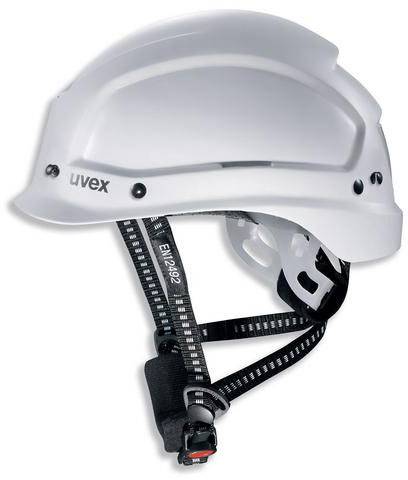 Ein weißer Schutzhelm mit Riemen, markiert mit 'Uvex'. Geprüft nach Norm 'EN 12492'.
