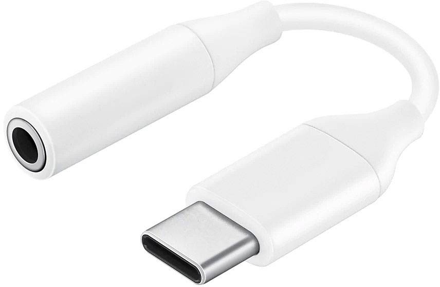 Ein weißer Adapter mit USB-C-Stecker und 3,5-mm-Kopfhörerbuchse. Ideal zum Verbinden von Kopfhörern mit Geräten ohne Kopfhöreranschluss.