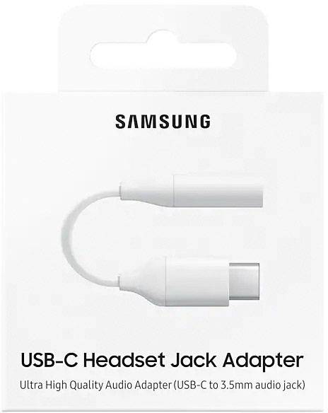 'Samsung USB-C Headset Jack Adapter' Verpackung mit Bild eines weißen USB-C zu 3,5 mm Audio-Klinkenstecker-Adapter.