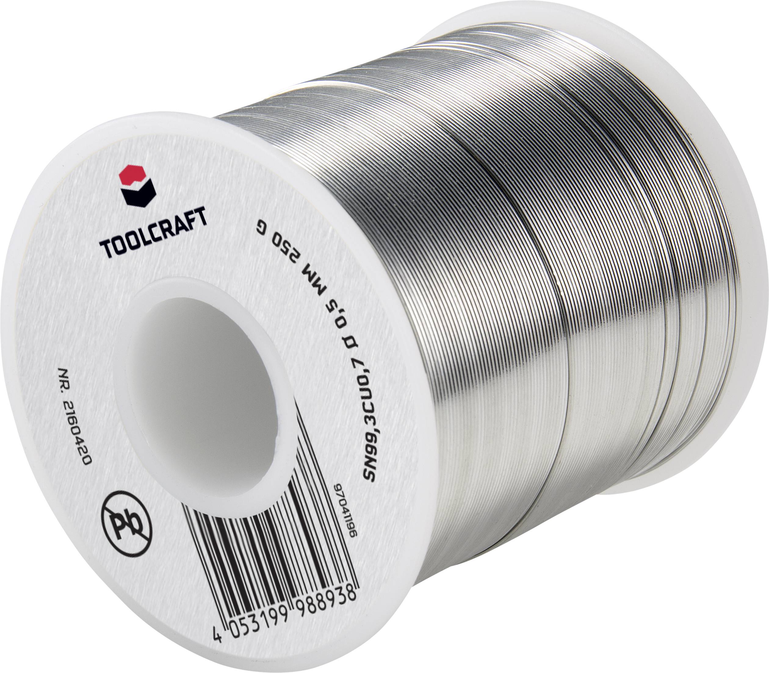 Eine Rolle Lötzinn von der Marke TOOLCRAFT, Durchmesser 0,5 mm, Flussmittelanteil 2,5 %, mit Produktnummer und Barcode sichtbar.