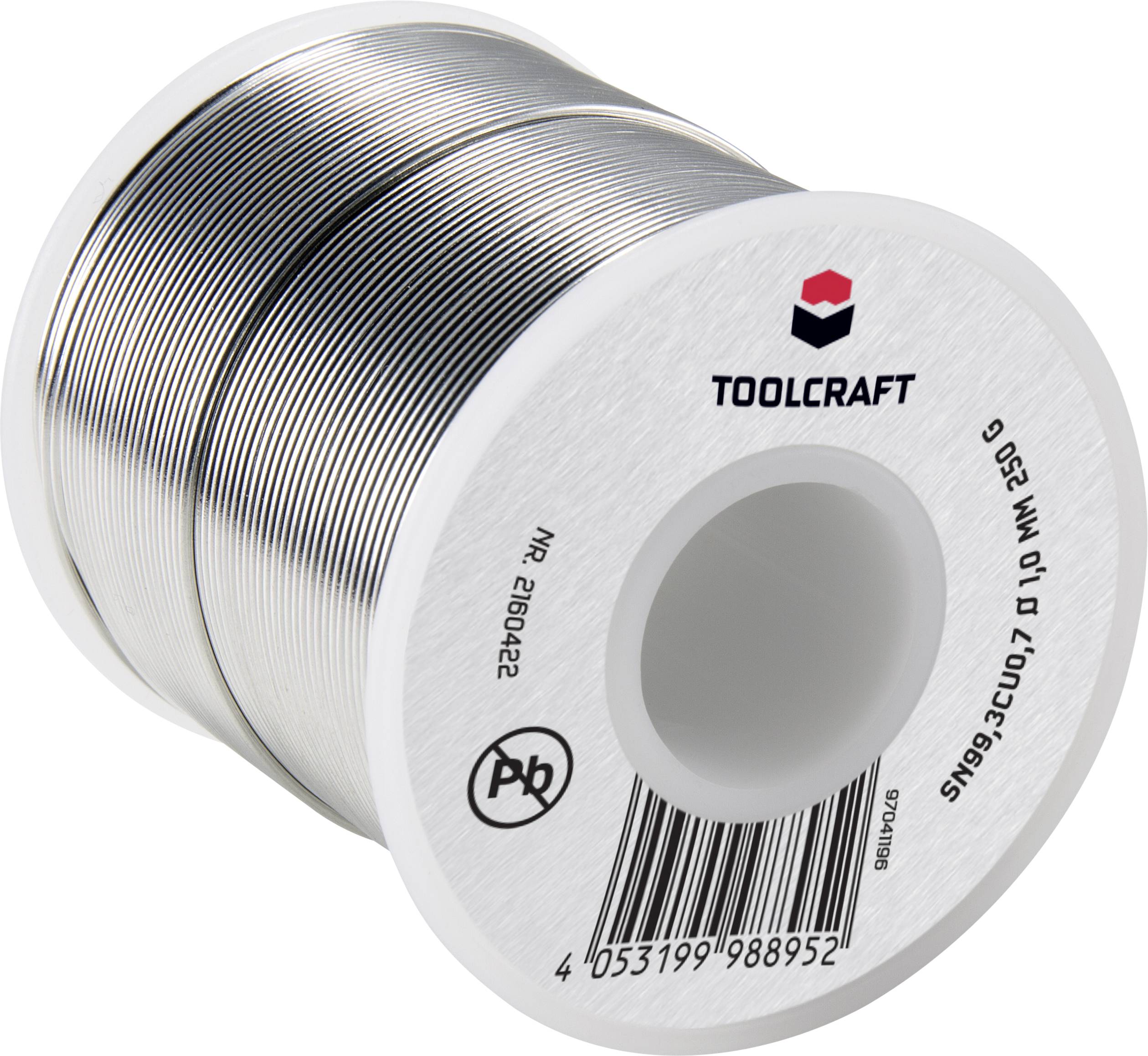 Lötzinnrolle von Toolcraft, Zinn-Kupfer-Legierung, bleifrei, 1,0 mm Durchmesser, 250 g Gewicht, für elektronische Anwendungen geeignet.