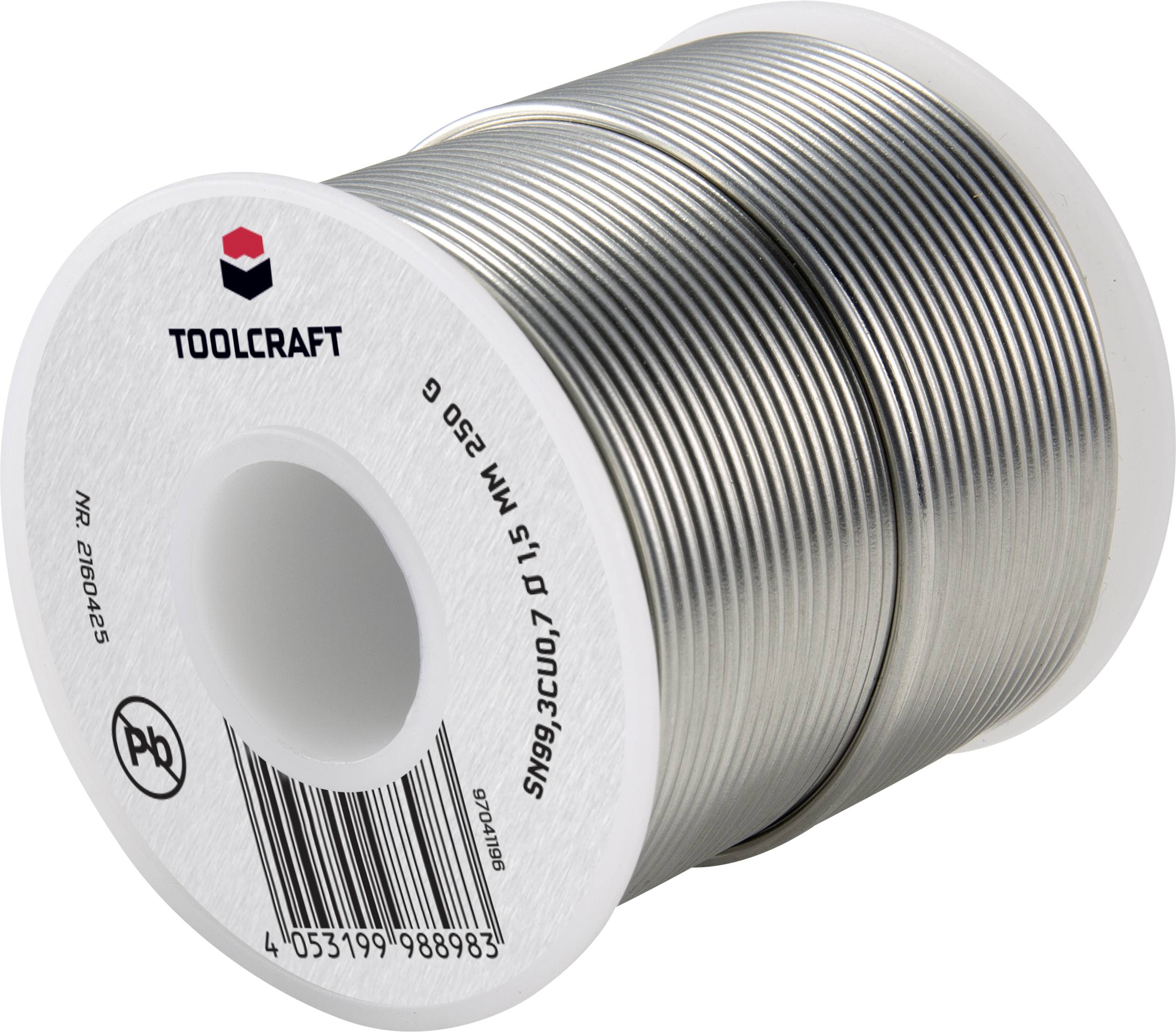 Lötdrahtrolle der Marke TOOLCRAFT, Durchmesser 1,5 mm, Gewicht 250 g, Pb-frei. Perfekt für Elektroniklötarbeiten.