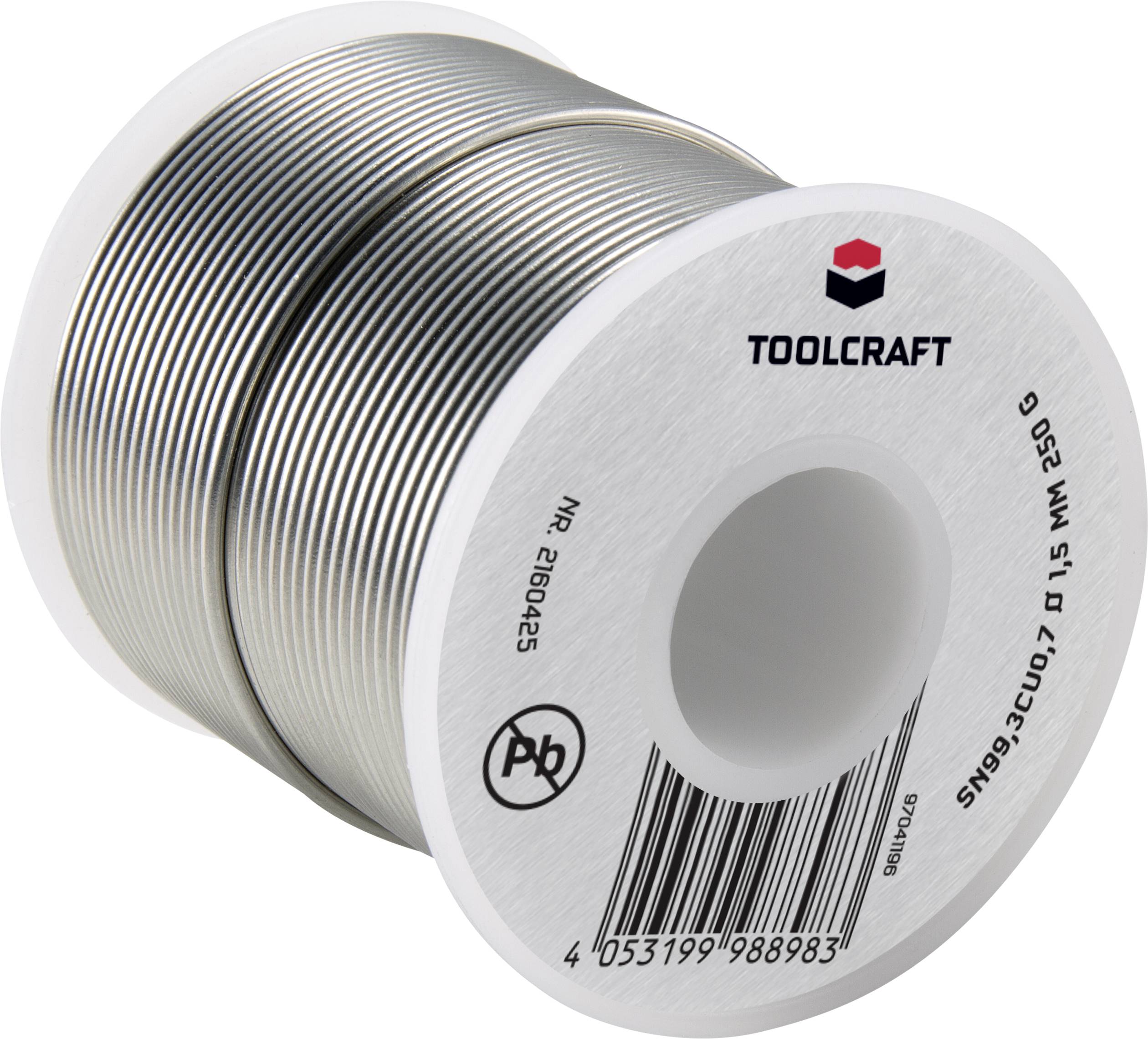 Lötzinnspule der Marke Toolcraft. Die Rolle zeigt das Firmenlogo und enthält Informationen wie Legierungsart und Barcode.