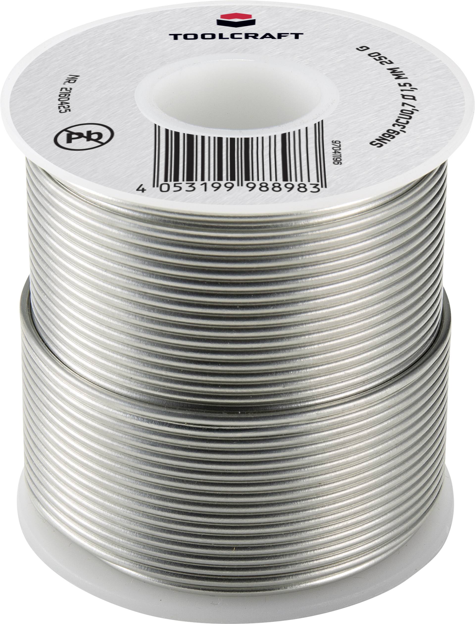 Rolle Lötzinn von TOOLCRAFT auf weißem Spulenkörper, Text auf der Spule: 'Sn60Pb40, 1.0mm, 500g'.