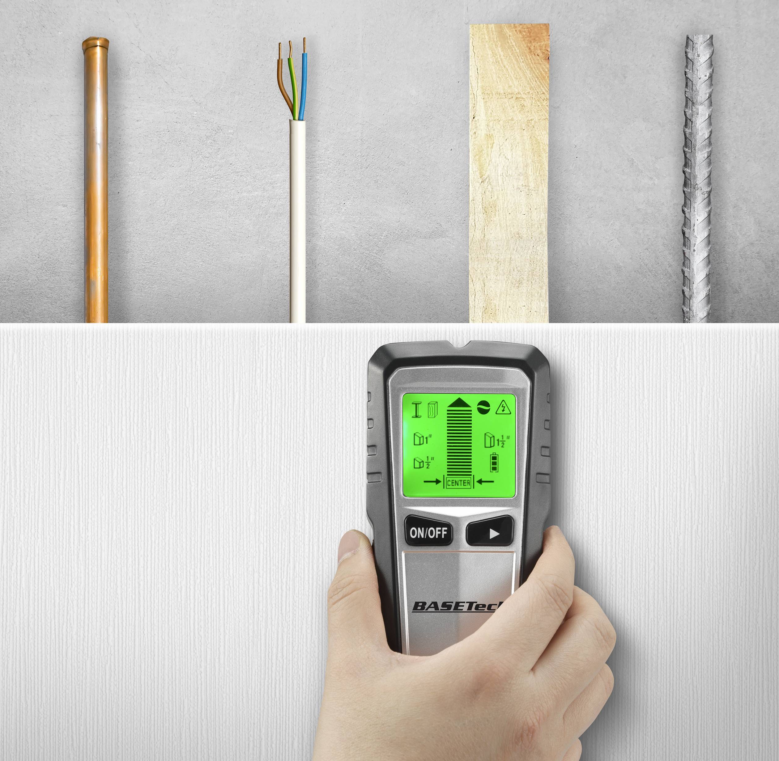 Basetech Ortungsgerät OG-430 TO-6481299 Geeignet für Holz, nicht eisenhaltiges Metall, spannungsführende Leitungen, eisenhaltiges