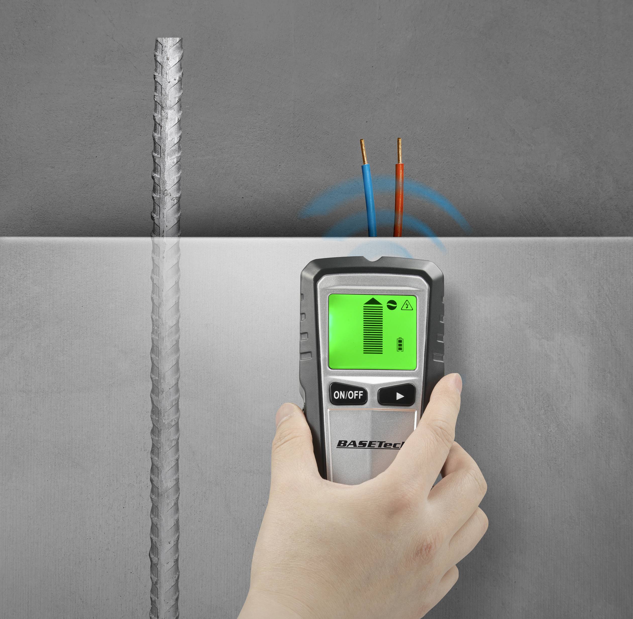 Basetech Ortungsgerät OG-430 TO-6481299 Geeignet für Holz, nicht eisenhaltiges Metall, spannungsführende Leitungen, eisenhaltiges