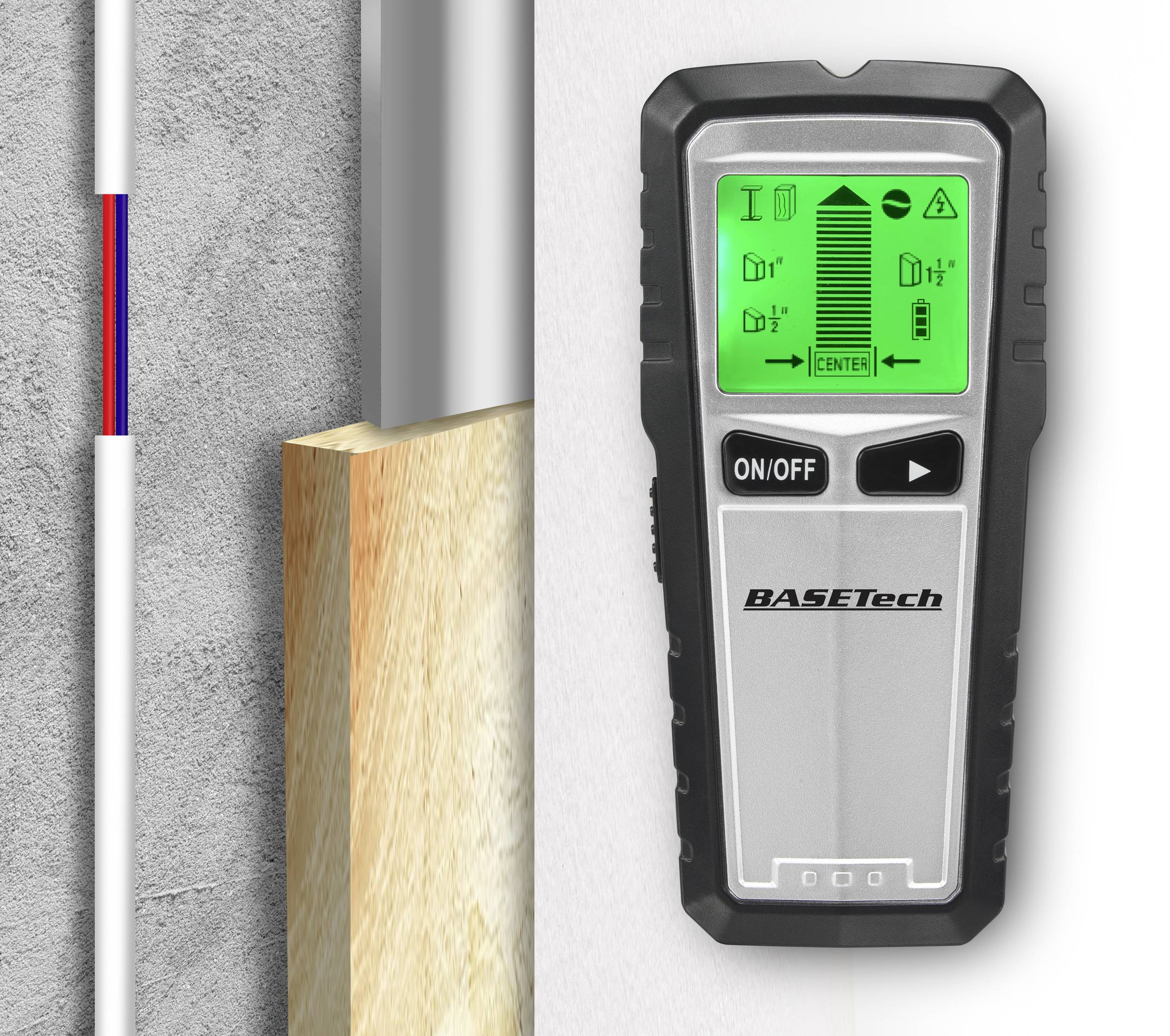 Basetech Ortungsgerät OG-430 TO-6481299 Geeignet für Holz, nicht eisenhaltiges Metall, spannungsführende Leitungen, eisenhaltiges