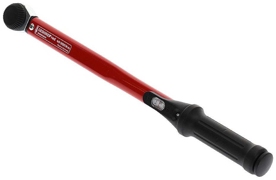 Roter Drehmomentschlüssel mit schwarzem Griff und integrierter Skala zur Anzeige des Drehmoments.