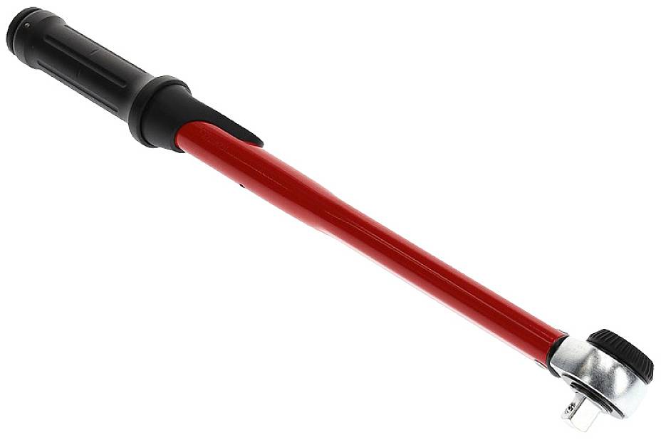 Ein roter Drehmomentschlüssel mit schwarzem Griff, oft verwendet, um Schrauben mit einem bestimmten Drehmoment anzuziehen.