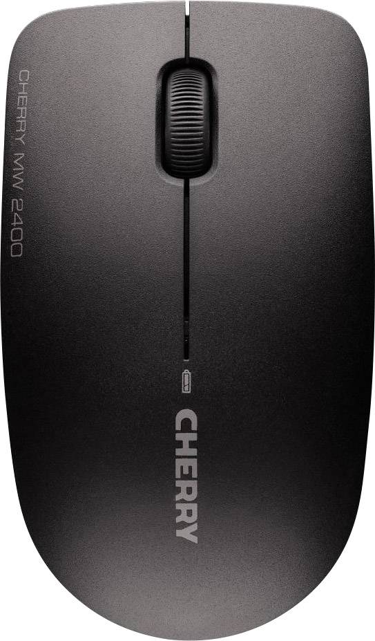 Schwarze drahtlose Computermaus mit Scrollrad und Tasten, Aufschrift 'Cherry MW 2400' seitlich.