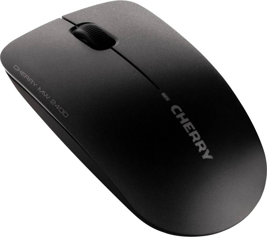 Kabellose schwarze Computermaus der Marke Cherry, Modell MW 2400, mit Scrollrad, auf einer schrägen Oberflächenansicht.